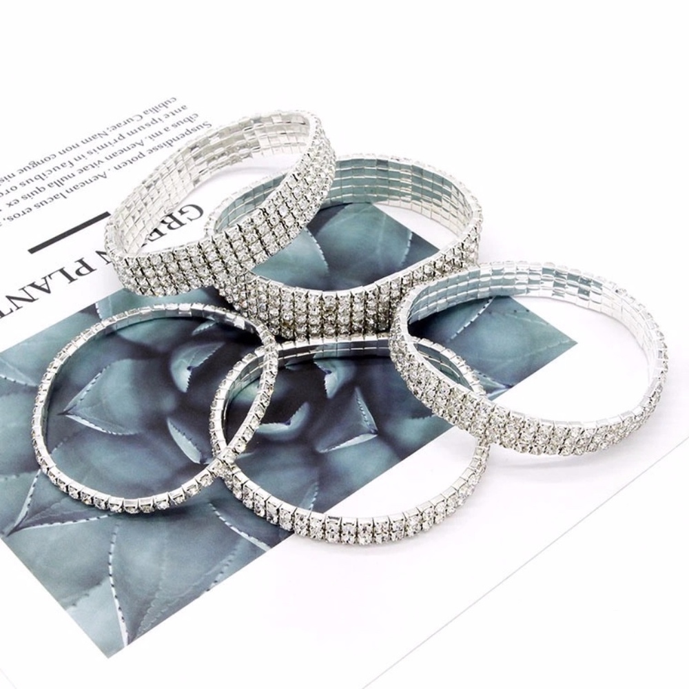 Layered Rhinestone Silver Elastic Stretch Anklet - Picture 2 of 8